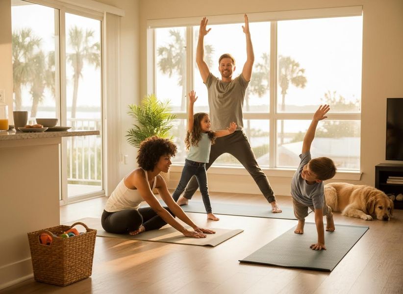 Family doing yoga in a sunny living room with their dog