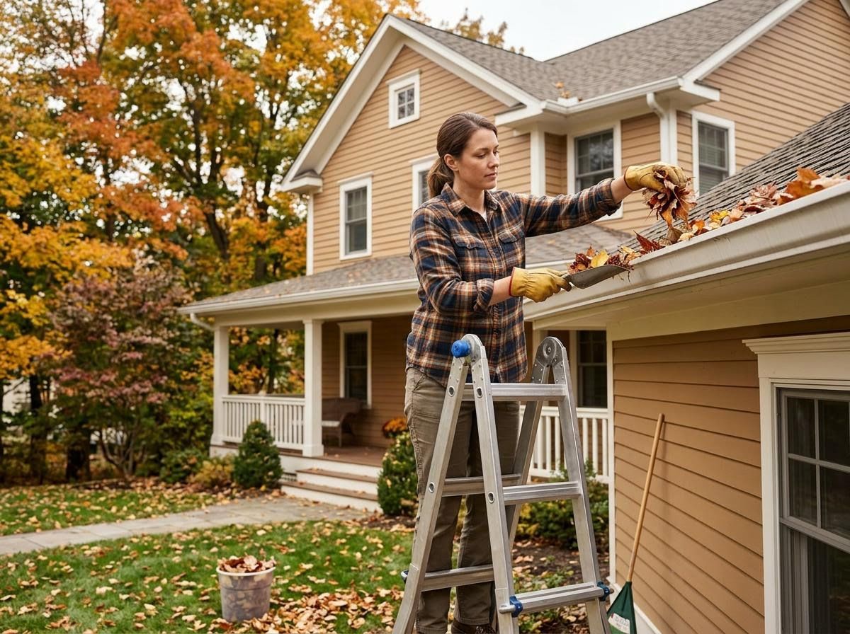 Woman Cleaning Gutters in Autumn