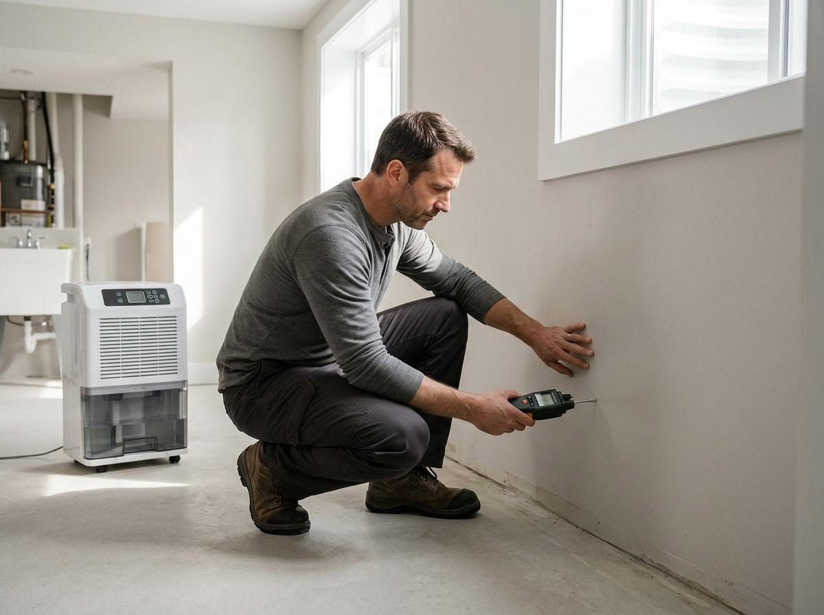 Man inspecting wall for moisture with a meter and dehumidifier
