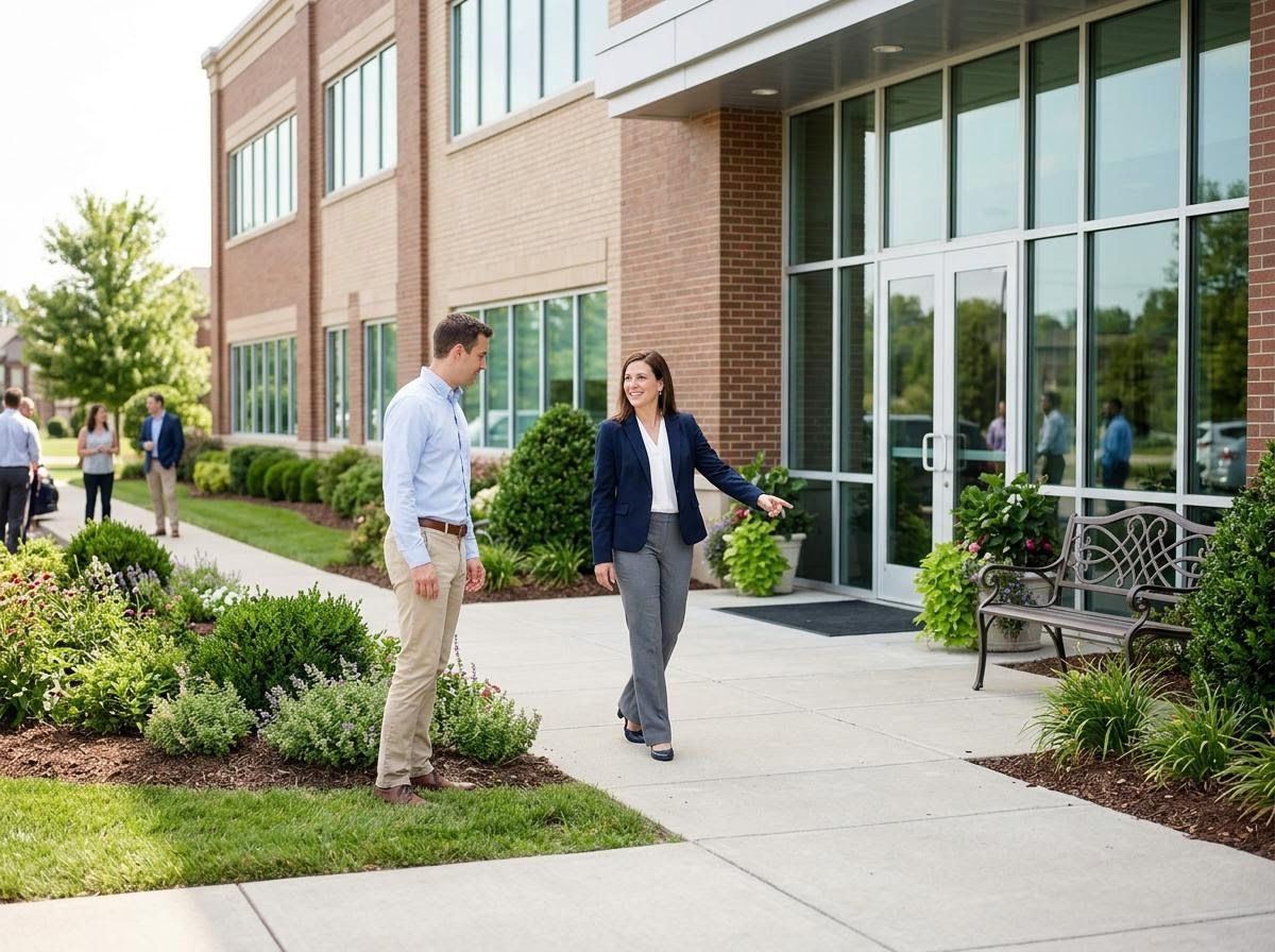Woman Guiding Man to Office Entrance