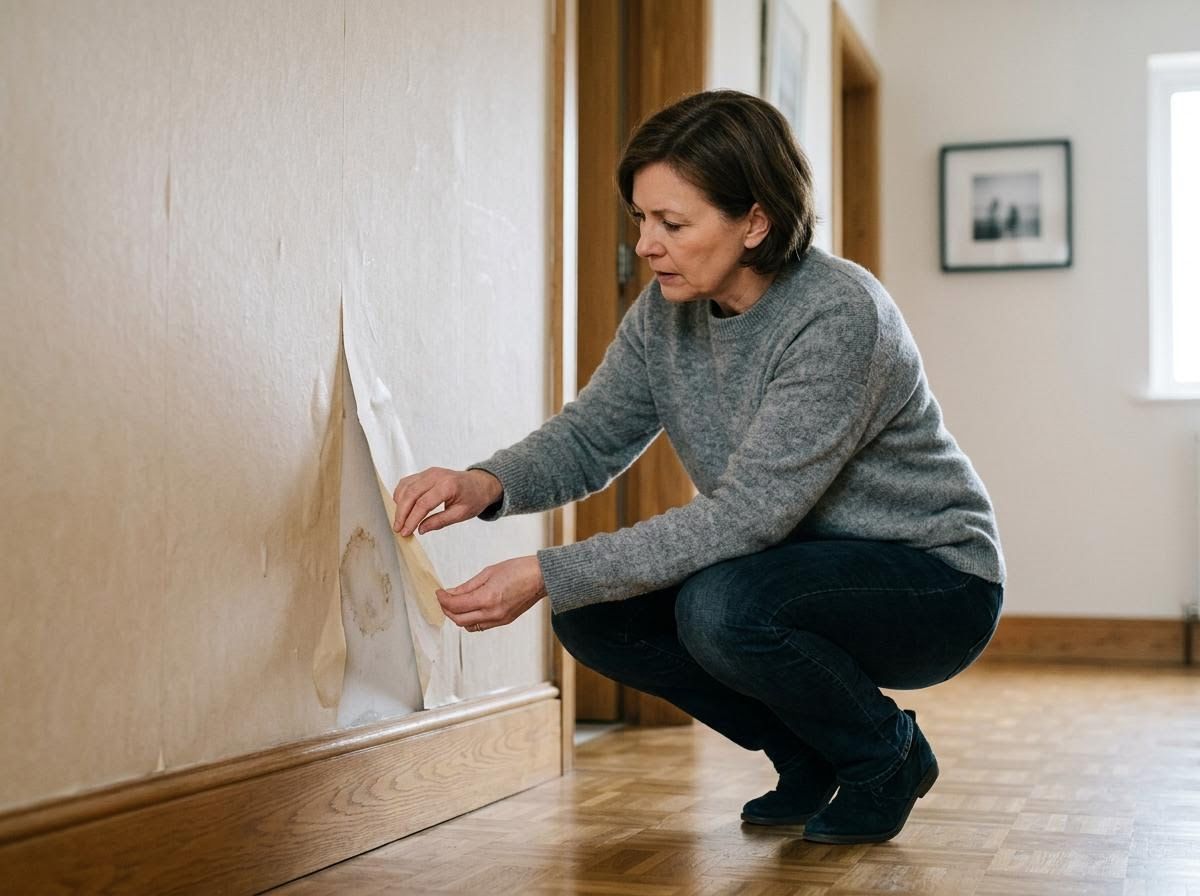 Woman inspecting peeling wallpaper with water damage