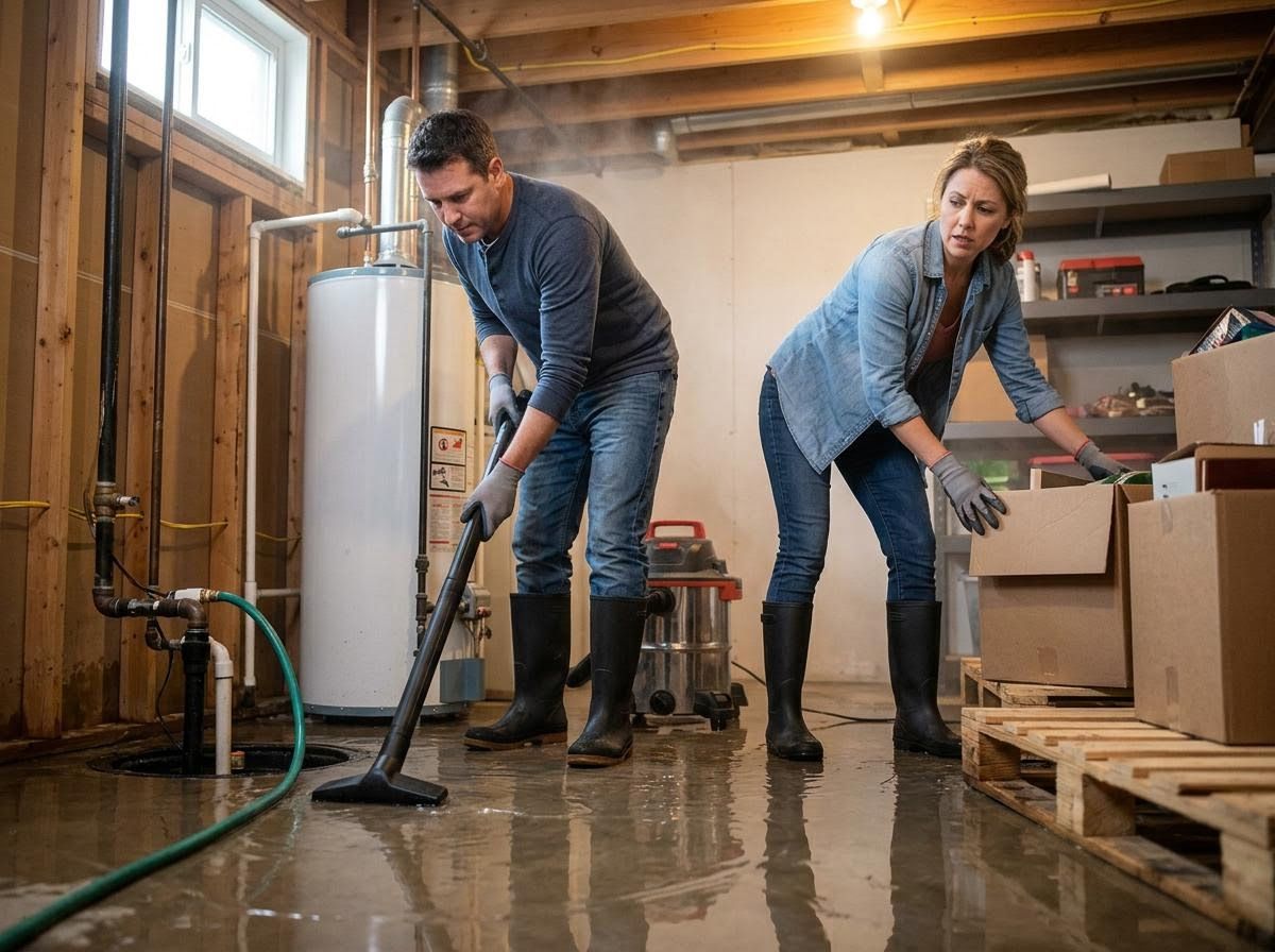 Couple cleaning up a flooded basement