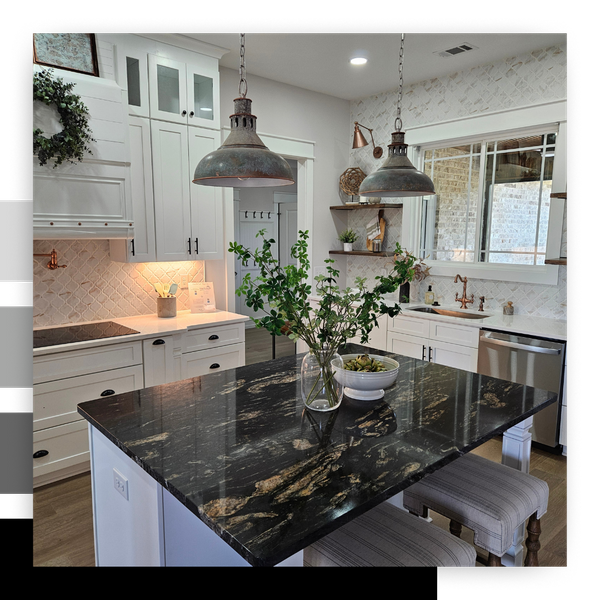 kitchen, black marble island, hanging lights, plant decor
