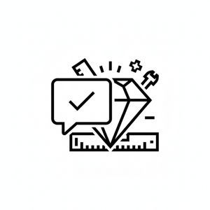 icon depicting a sparkling diamond next to a speech bubble with a checkmark, a ruler, and other small tools