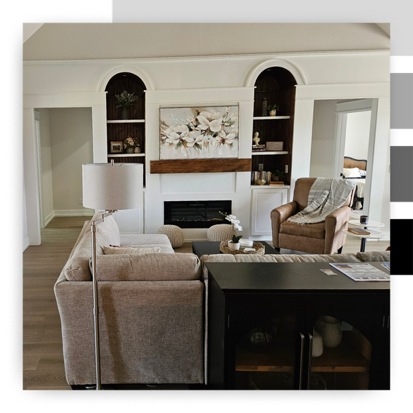 newly remodeled living room, alcoves with shelves