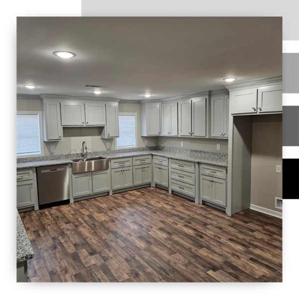 new gray kitchen cabinets with wood laminate floor