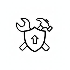 icon featuring a shield with an upward-pointing arrow, crossed with a wrench and a hammer