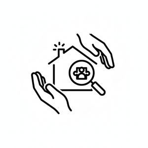 icon showing two hands gently cradling a house, with a magnifying glass over the house