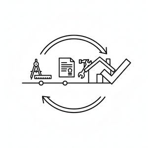 A line icon illustrating a circular process with a compass and ruler, a document icon, and a house with a hammer and wrench and a large checkmark