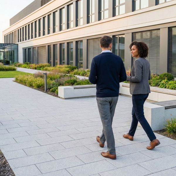 Two business professionals walking on a paved stone pathway in an outdoor commercial courtyard.