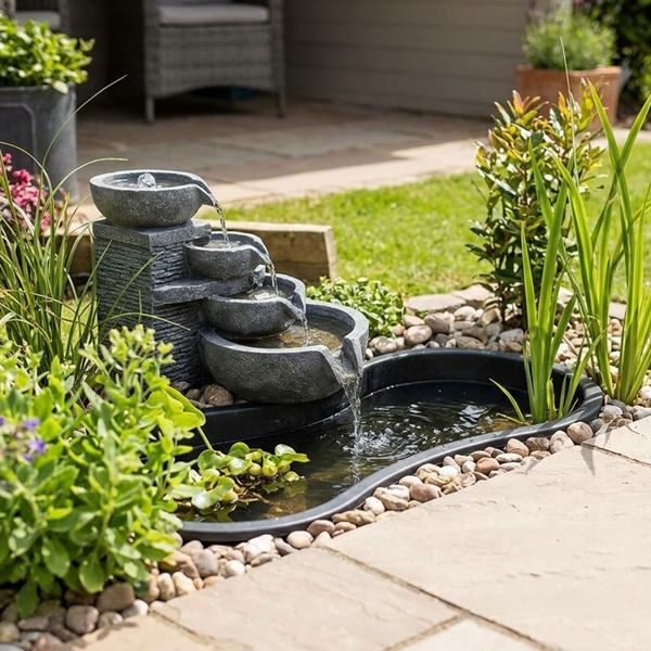 Close up of a small garden water feature next to a patio.