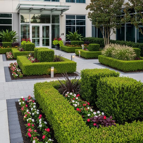 Meticulously trimmed hedges and professional landscaping at a commercial building entrance.