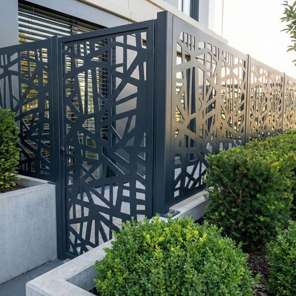 A custom modern metal privacy screen with a geometric pattern installed in a commercial landscape.