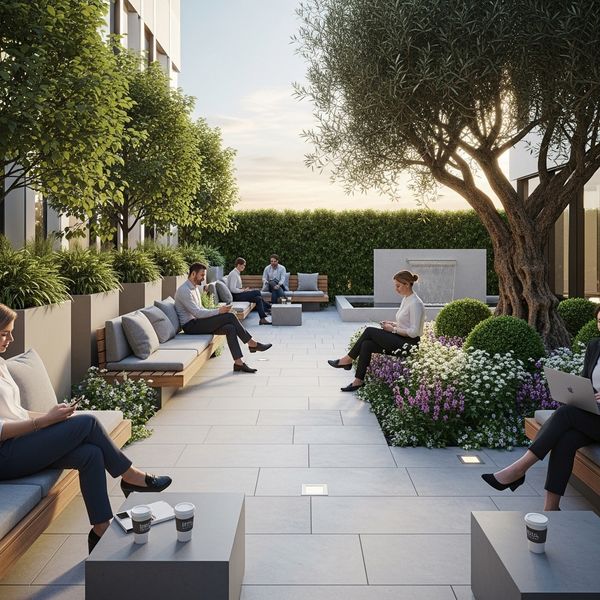 A peaceful outdoor employee lounge area with benches and professional greenery.