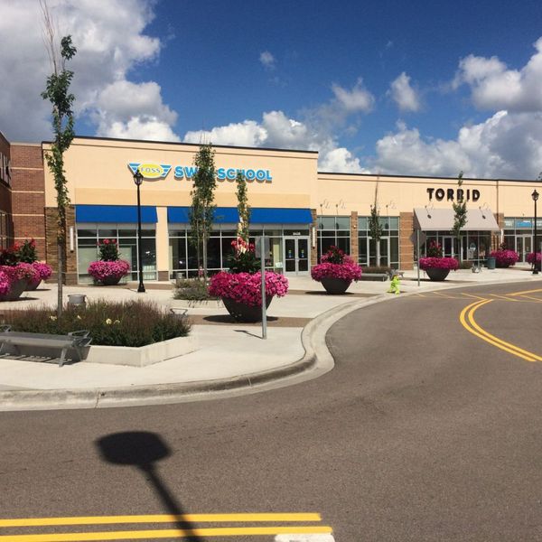business landscaping with potted flowers