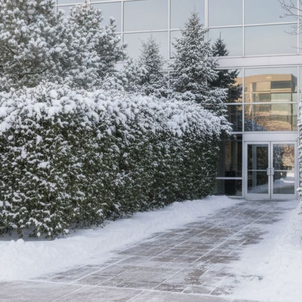 Rows of evergreen shrubs and trees positioned as windbreaks around a commercial property walkway