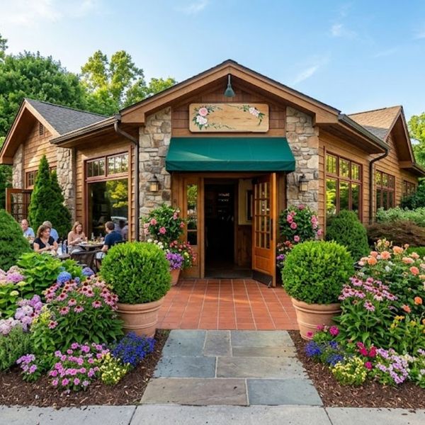 front of a restaurant with flowers and landscaping