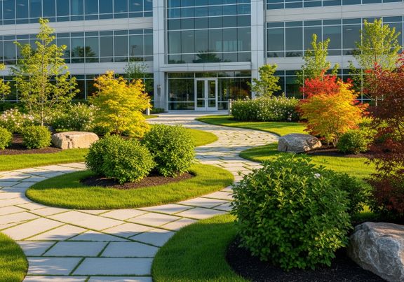 Professional landscape design featuring manicured lawns and stone paths surrounding a modern commercial office building.