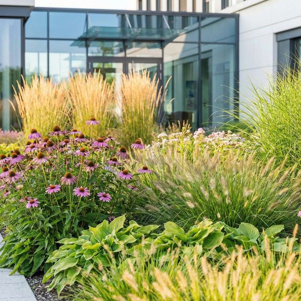 Close-up of diverse perennials and ornamental grasses in a garden bed near a building entrance.