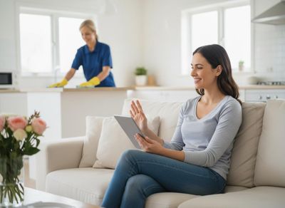 A woman uses a tablet on a couch, smiling and gesturing, while a professional cleaner in yellow gloves cleans a kitchen counter in the background. Woman relaxing on couch while professional cleaner works in kitchen