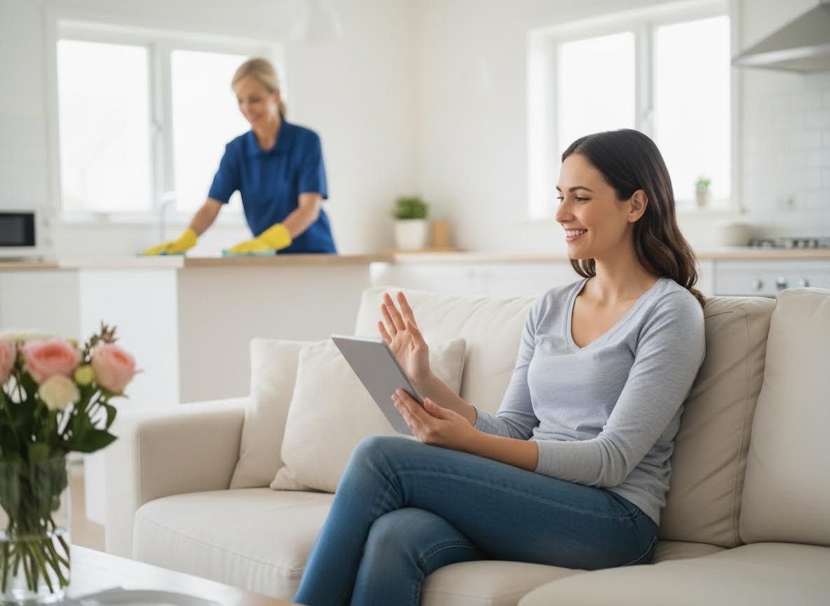 Woman relaxing on couch while professional cleaner works in kitchen