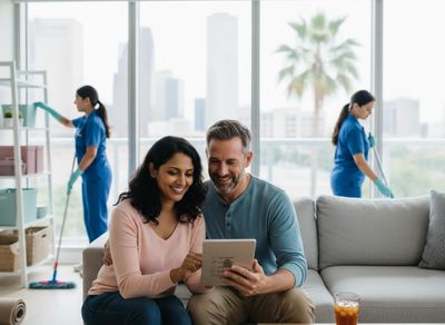 A happy couple reviews a cleaning checklist on a tablet while two professional cleaners tidy their modern apartment with a city view. Couple reviewing home cleaning service on tablet