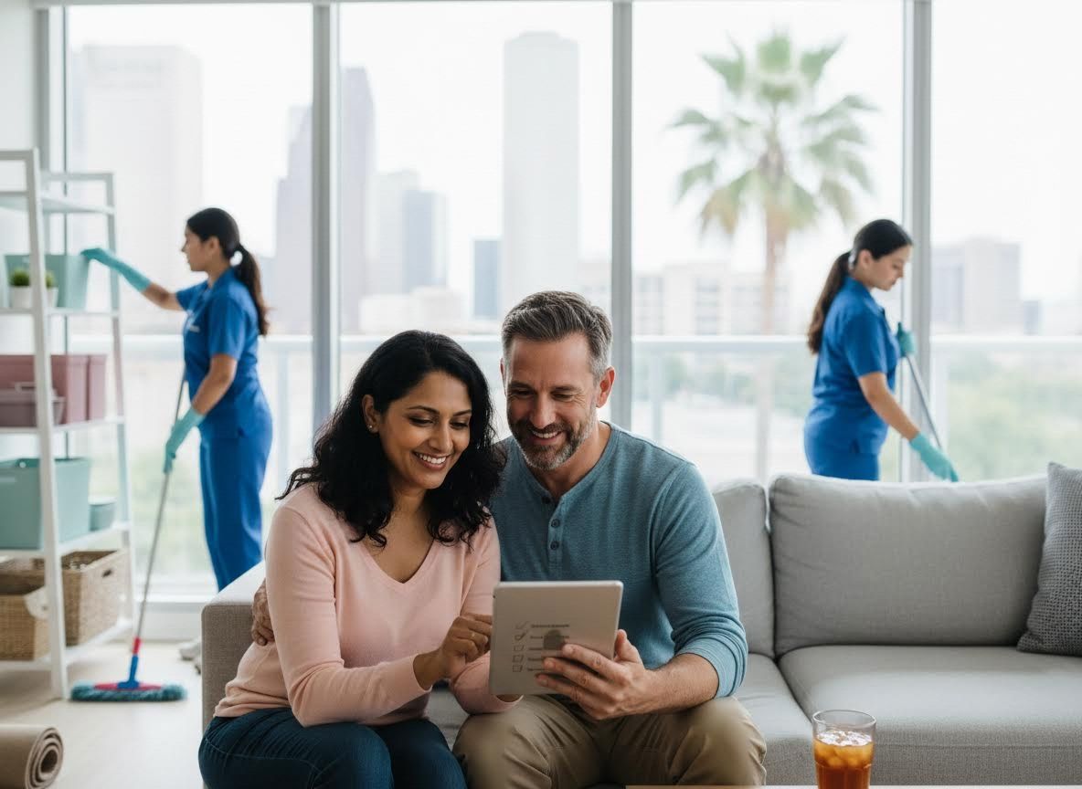 Couple reviewing home cleaning service on tablet