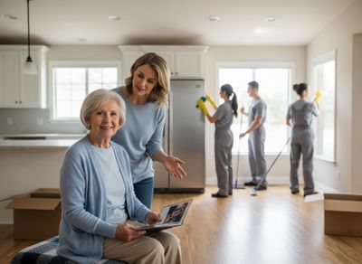 An older woman and younger woman view a tablet as a cleaning crew tidies a modern kitchen. Cardboard boxes are on the floor, suggesting a move. Two women overseeing professional cleaners in a new home