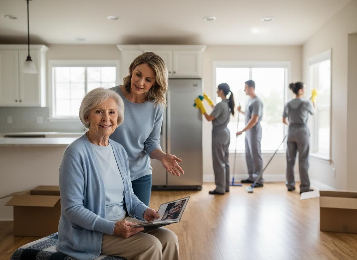 Two women overseeing professional cleaners in a new home