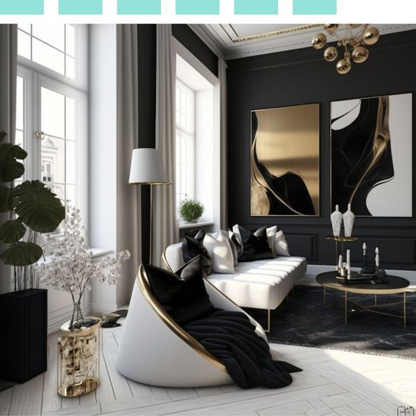 High-end luxury living room with black walls, gold art pieces, and a white modern armchair, showcasing a premium clean finish.