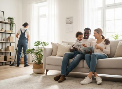 A smiling diverse family with a baby reads on a sofa as a cleaner vacuums in the background of a bright living room. Happy diverse family reading a book while home is being cleaned