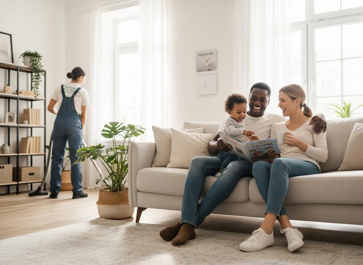 Happy diverse family reading a book while home is being cleaned