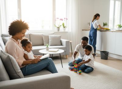 A mother and daughter read on a sofa, while a father and son play with blocks. Another woman cleans in the bright, open kitchen area. Family enjoying various activities at home