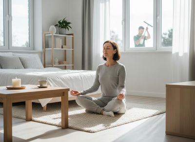 A woman meditates peacefully in her bedroom. Outside the window, a man is seen cleaning the glass, creating a humorous visual contrast. Woman Meditating While Window Cleaner Works Outside