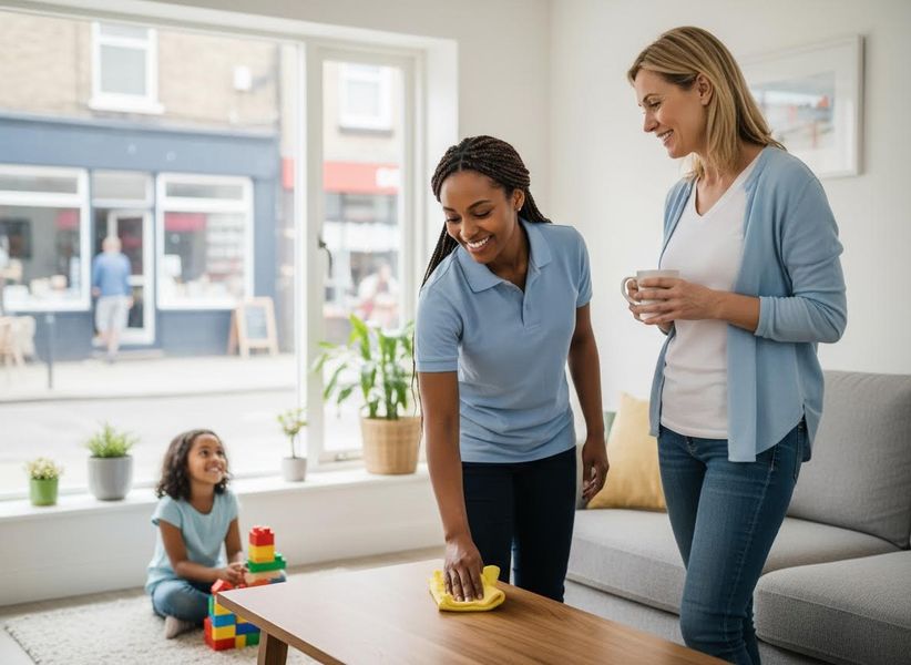 Professional Cleaner Working in Home with Family