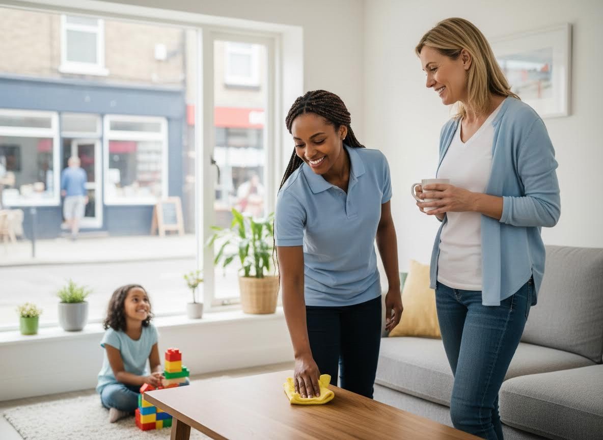 Professional Cleaner Working in Home with Family