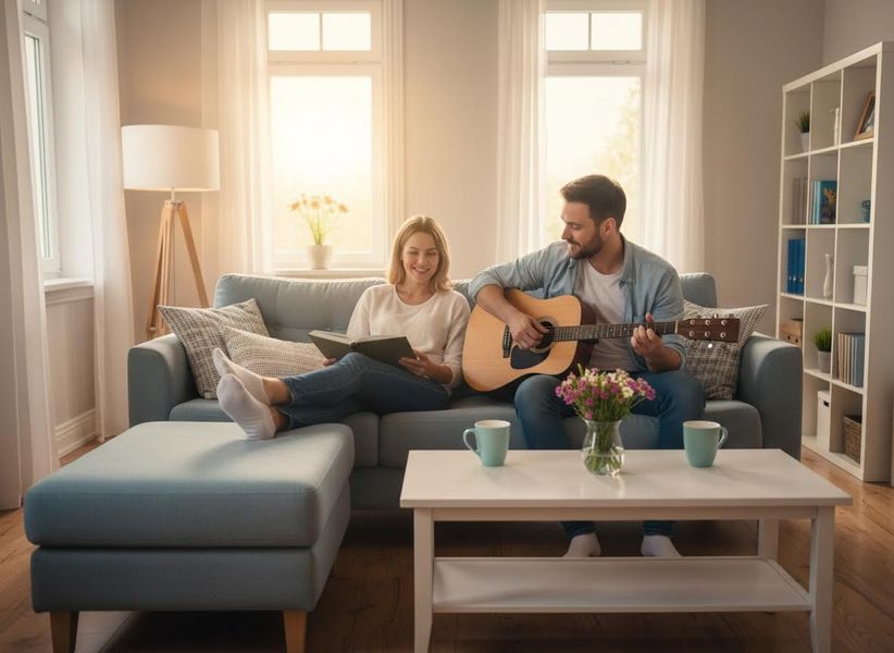 Couple enjoying leisure time at home
