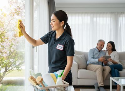 Professional Cleaner Wiping Window for Clients