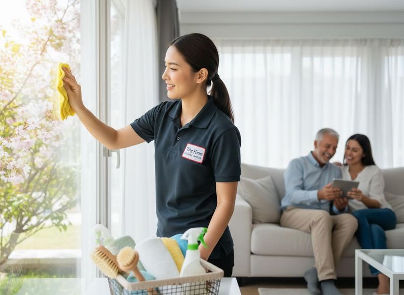 Professional Cleaner Wiping Window for Clients