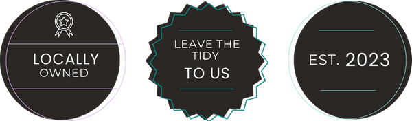 Trust badges for Tidy Home Cleaning Services: Locally Owned, Leave the Tidy to Us, and Established 2023.