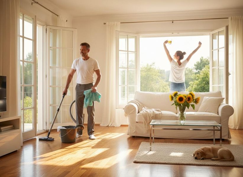 Man vacuuming, woman stretching, and puppy sleeping in a sunlit living room