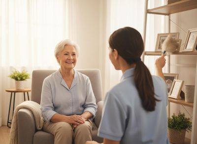 Elderly woman smiling at caregiver dusting shelves