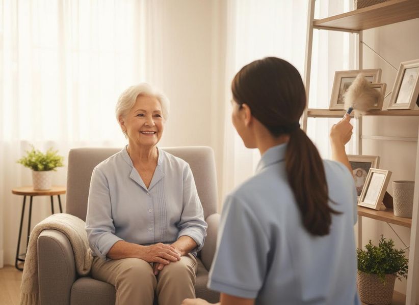 A senior woman with white hair smiles while a home care assistant in a blue polo shirt dusts a bookshelf filled with picture frames. Elderly woman smiling at caregiver dusting shelves