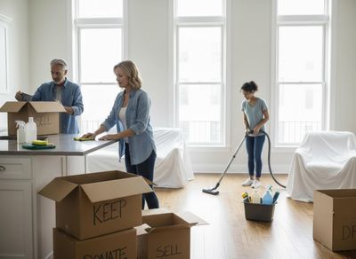 A man packs a 'SELL' box, a woman wipes a counter, and a young woman vacuums the floor, surrounded by various moving boxes. Family cleaning and decluttering their home with moving boxes