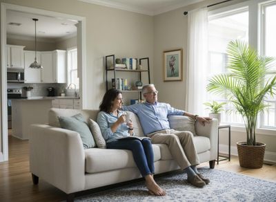 A man and woman sit comfortably on a couch in a sunlit living room, with a kitchen visible in the background and a large plant by the window. Couple relaxing together in a bright living room
