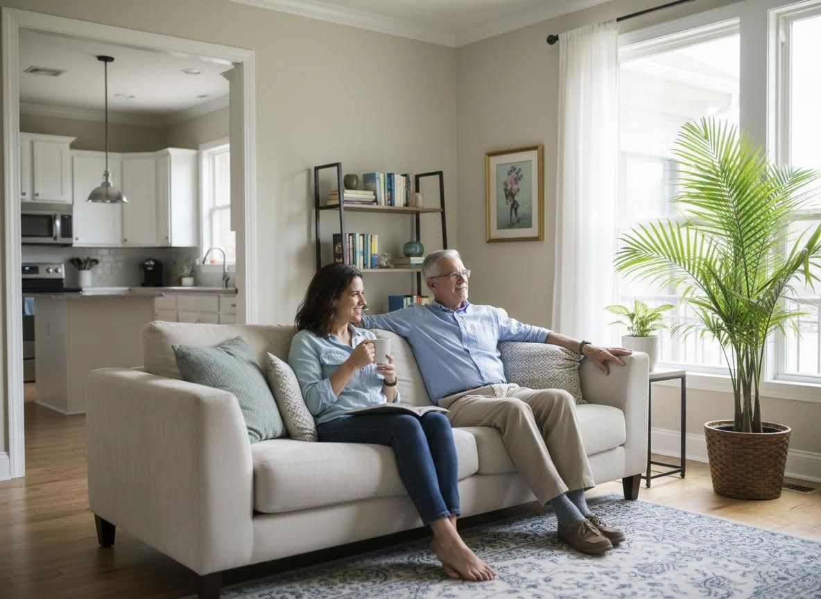 Couple relaxing together in a bright living room