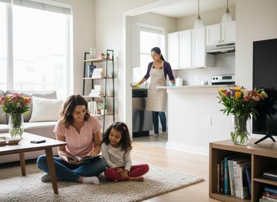 A mother and daughter sit on a rug reading a book, while a woman in an apron cleans a kitchen in the background. Family scene with mother and daughter reading while a housekeeper cleans