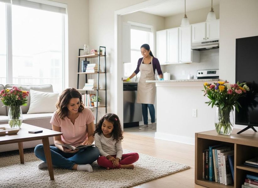 A mother and daughter sit on a rug reading a book, while a woman in an apron cleans a kitchen in the background. Family scene with mother and daughter reading while a housekeeper cleans