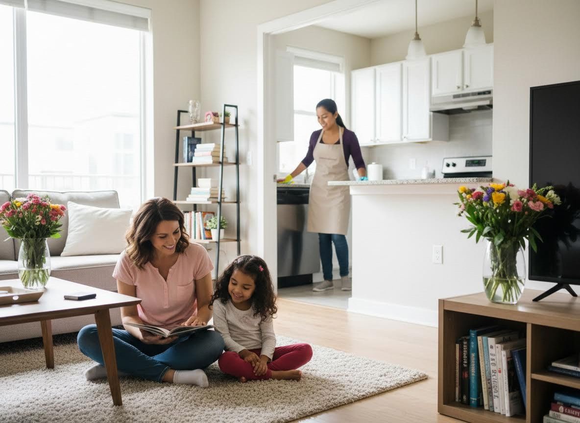 Family scene with mother and daughter reading while a housekeeper cleans