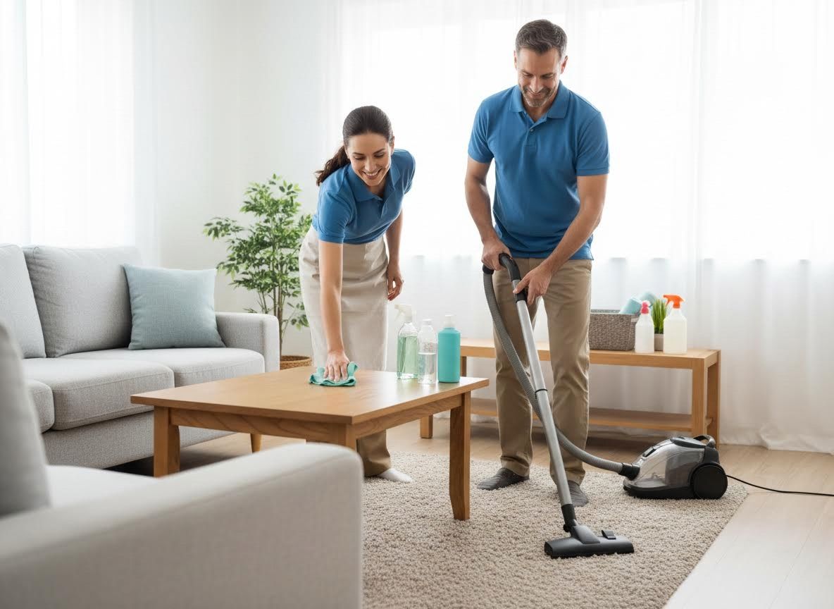 Man and Woman Cleaning Living Room
